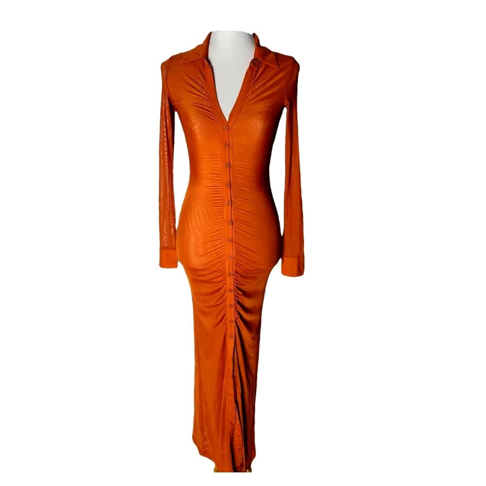 Meshki Rust Orange Rouched Button Down Maxi Dress… - image 1
